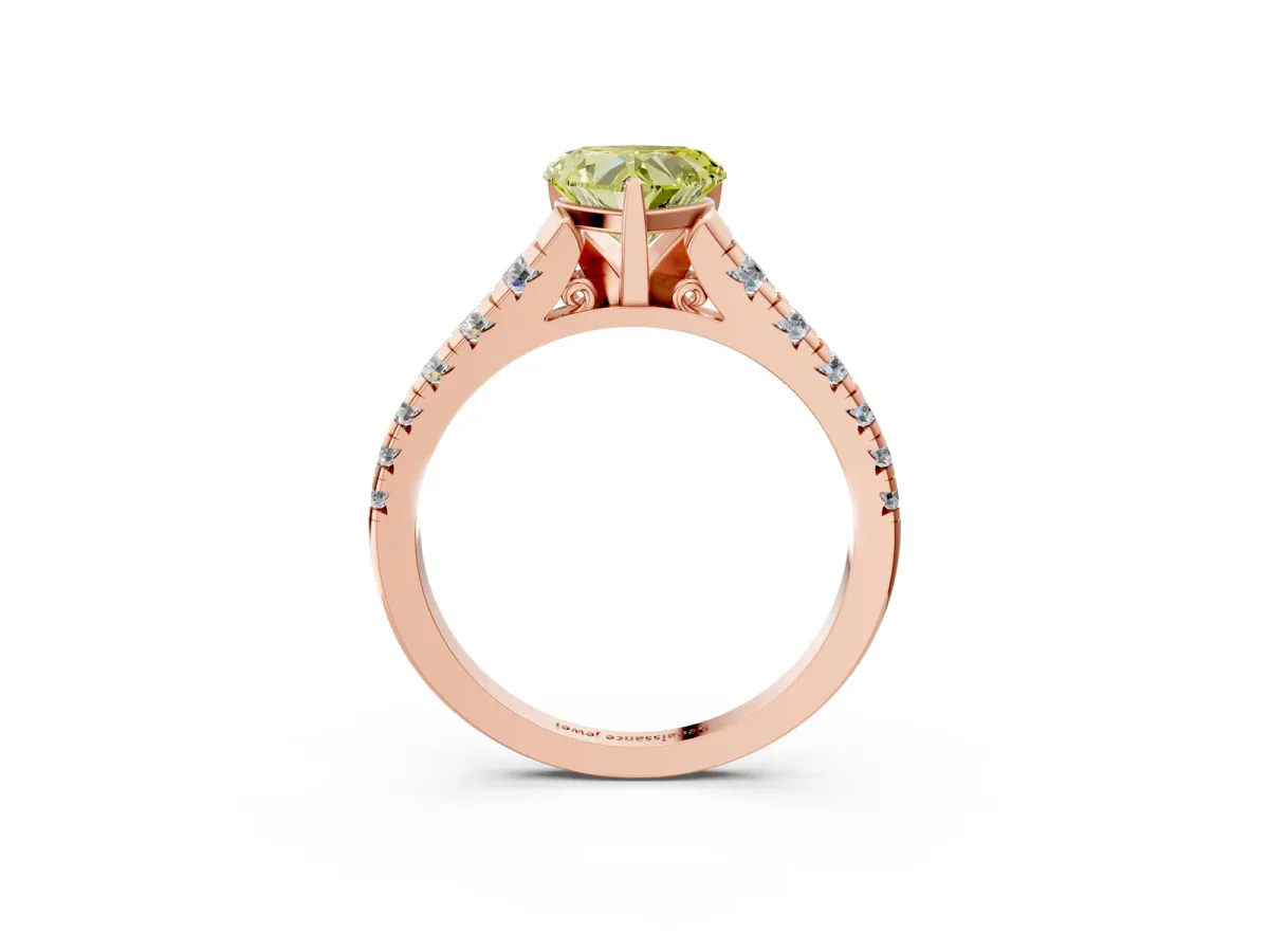 Fancy Yellow Heart Cut Diamond Cathedral Solitaire Ring with Round Pavé Band Rose gold