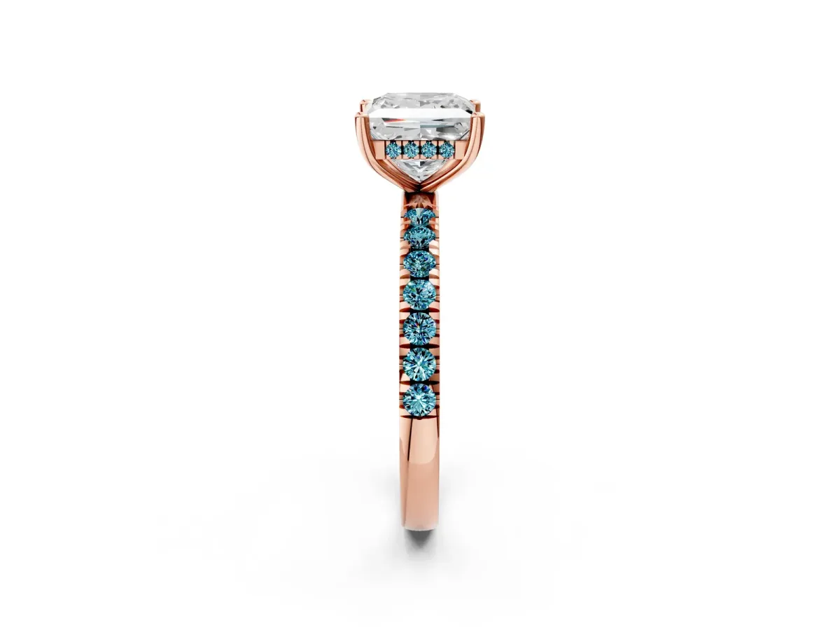 Princess Cut Diamond Pave Band Solitaire Ring with Round Blue Topaz and Prong Setting Rose gold