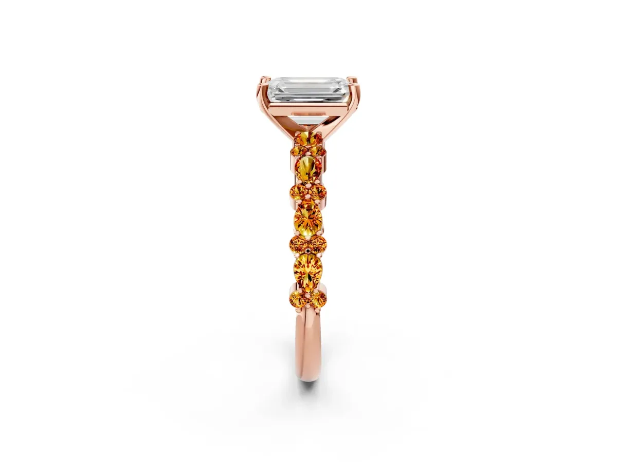 Emerald Cut Diamond Side Stone Solitaire Ring with Round Citrine and Four-Prong Setting Rose gold