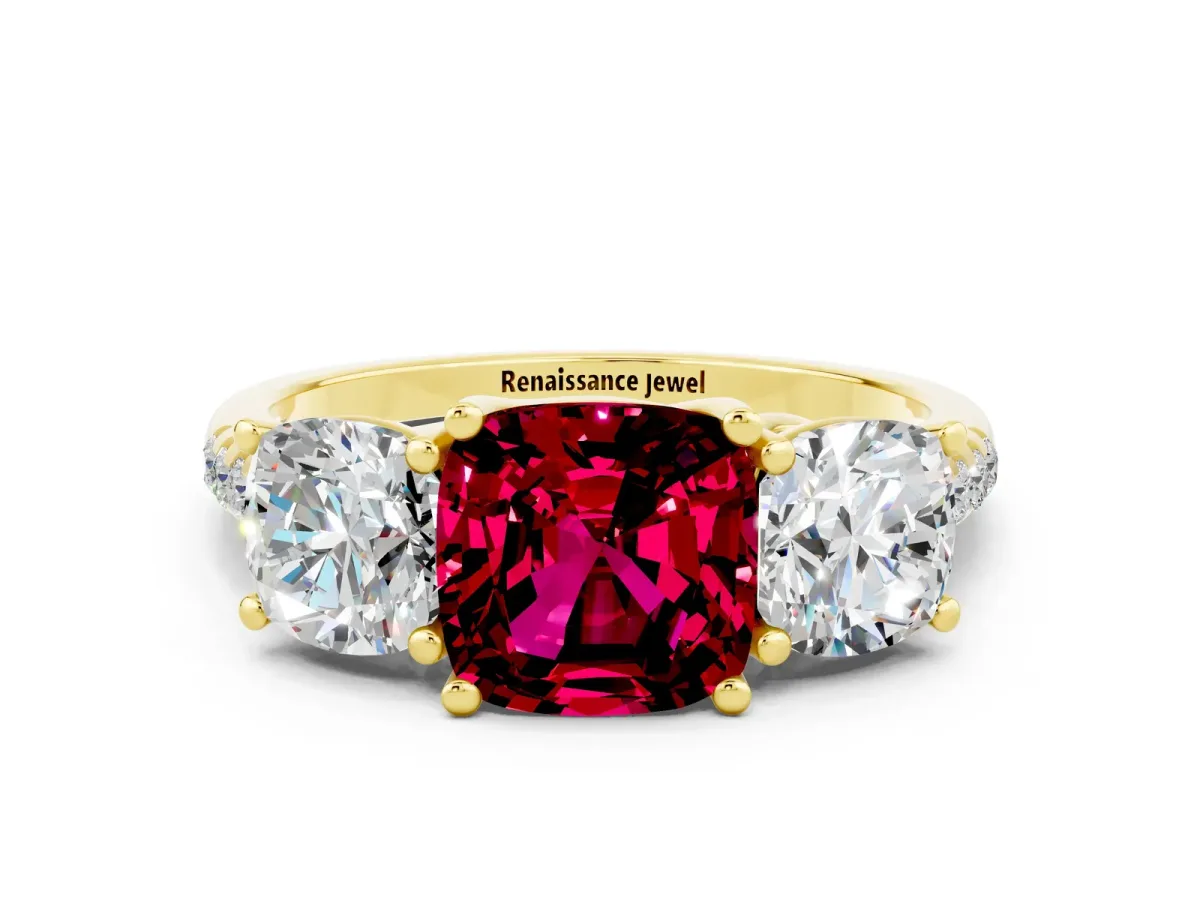 Three-Stone Cushion Cut Garnet Ring with Round Pavé Band and Prong Setting Yellow gold