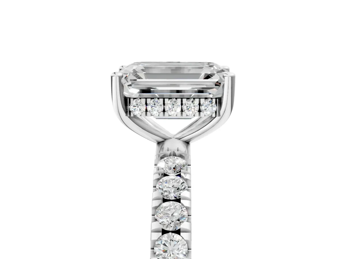 Emerald Cut Diamond Pave Band Solitaire Ring with Round Moissanite and Prong Setting Platinum
