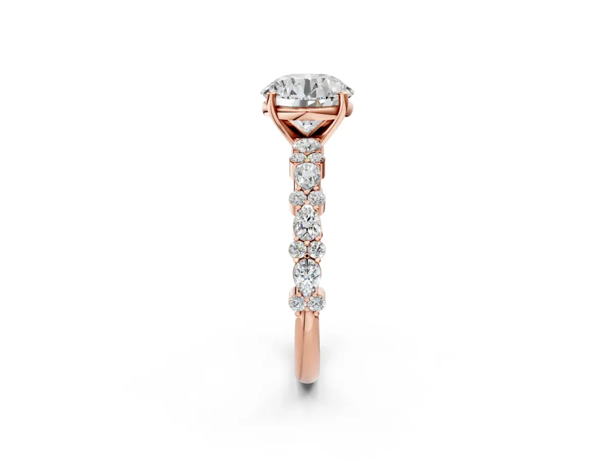 Round Cut Diamond Side Stone Solitaire Ring with Round Moissanite and Four-Prong Setting Rose gold