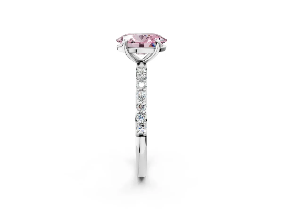 Fancy Pink Oval Cut Diamond Solitaire Ring with Round Pavé Band and Prong Setting Platinum