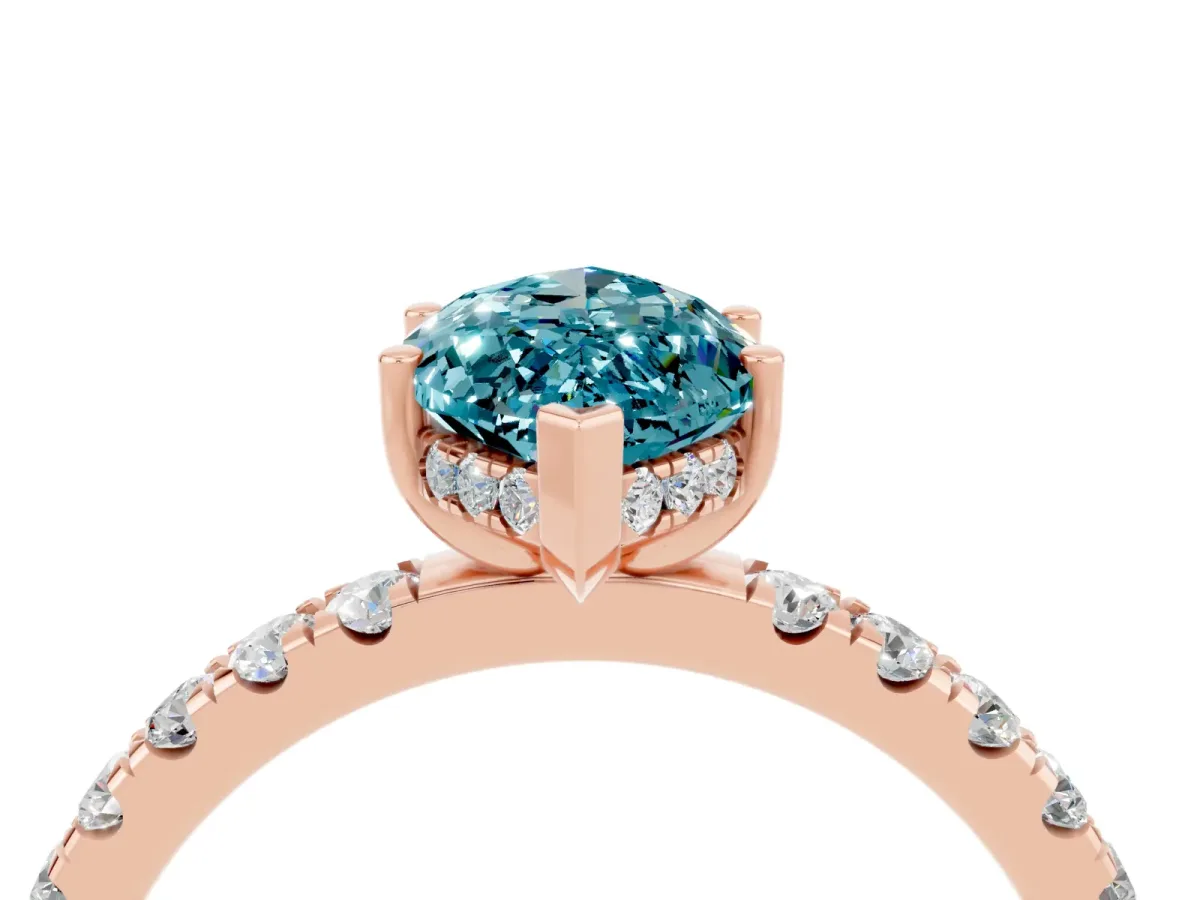 Marquise Cut Blue Topaz Pave Band Solitaire Ring with Round and Prong Setting Rose gold