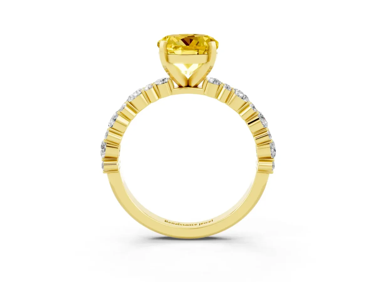 Round Cut Yellow Sapphire Side Stone Solitaire Ring with Round and Four-Prong Setting Yellow gold