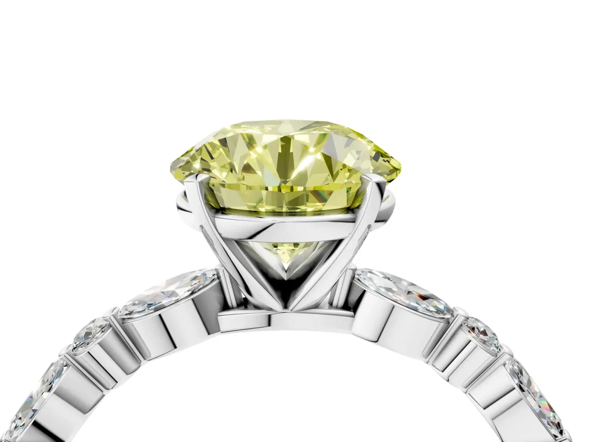 Fancy Yellow Round Cut Diamond Ring with Marquise and Round Side Stones and Four-Prong Setting Silver