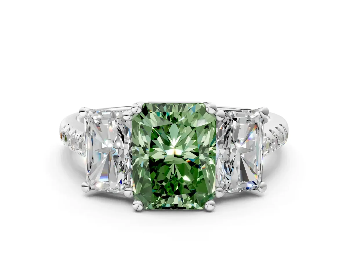 Fancy Green Three-Stone Radiant Cut Diamond Ring with Round Pavé Band and Prong Setting Platinum