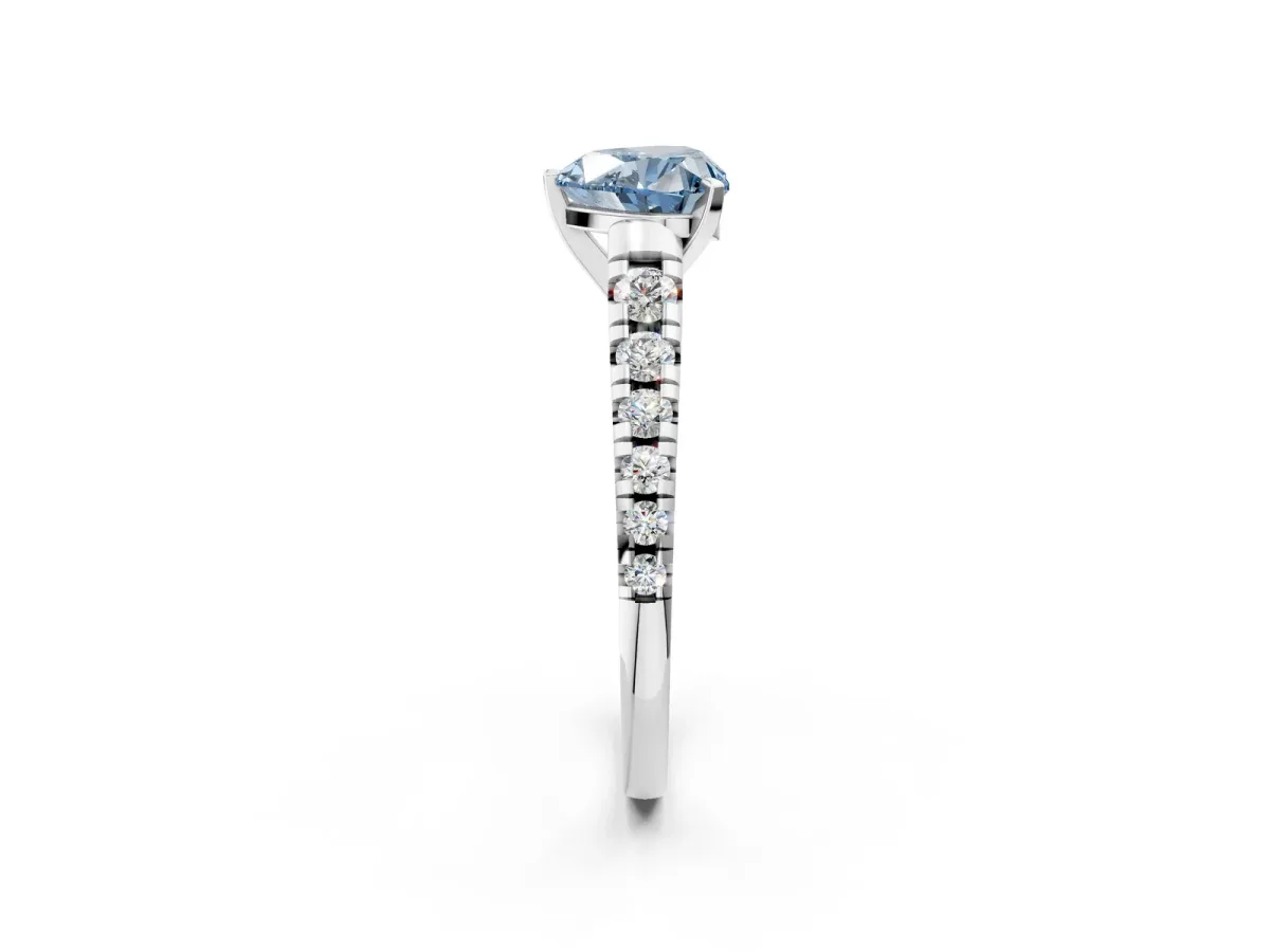Fancy Blue Heart Cut Diamond Cathedral Solitaire Ring with Round Pavé Band White gold