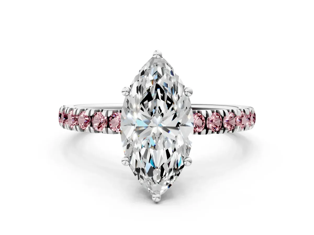 Marquise Cut Diamond Pave Band Solitaire Ring with Round Morganite and Prong Setting Platinum
