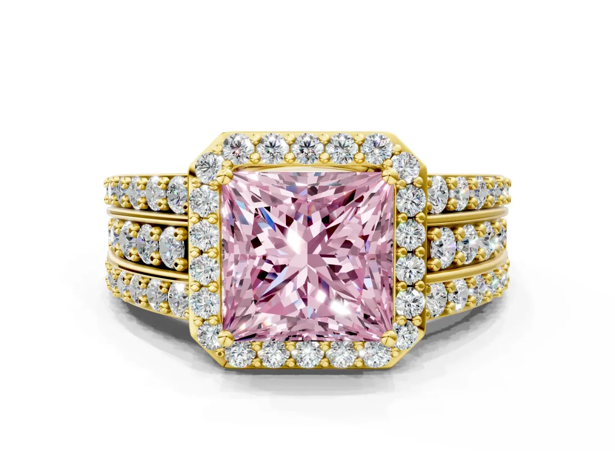 Fancy Pink Princess Cut Halo Diamond Ring with Round Split Shank and Prong Setting Yellow gold
