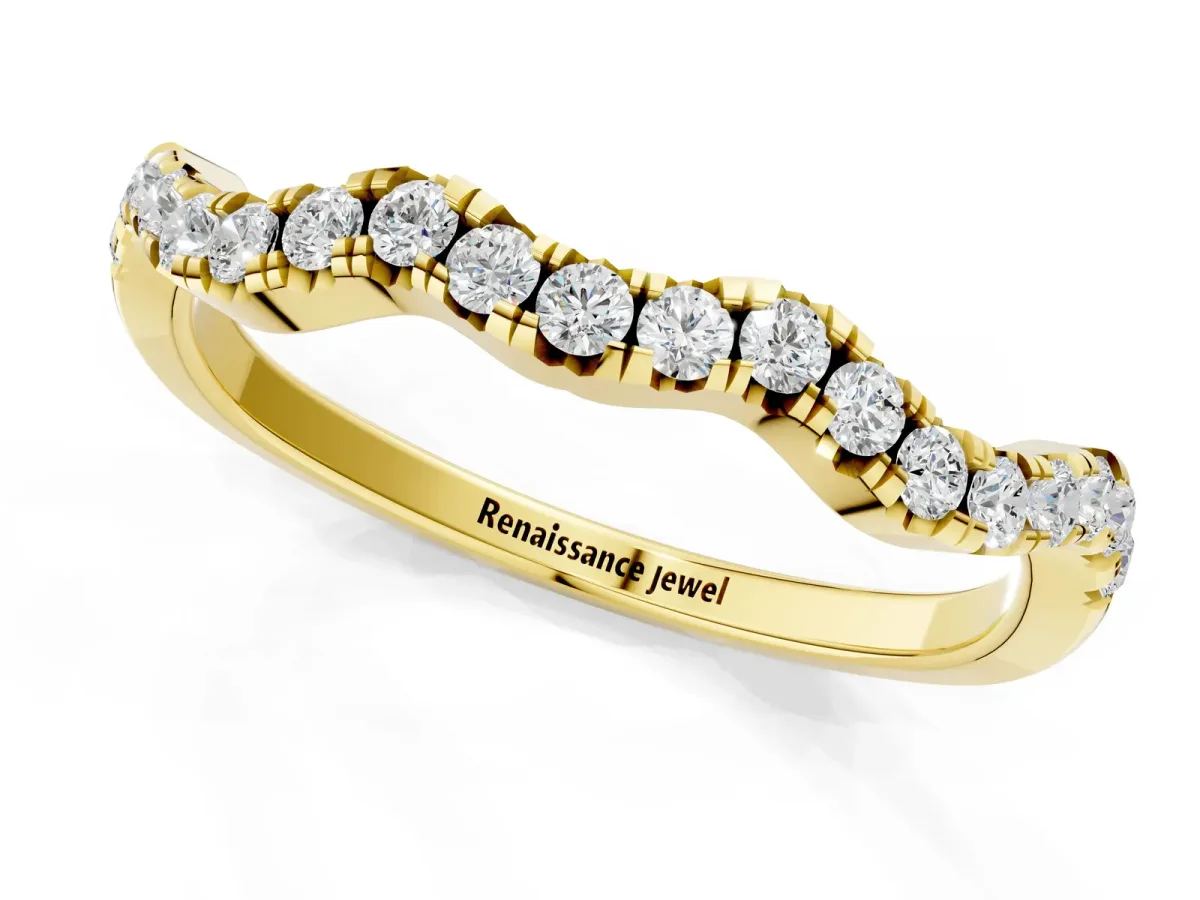Round Diamond Scalloped Pavé Wedding Band with Shared Prong Setting Yellow gold