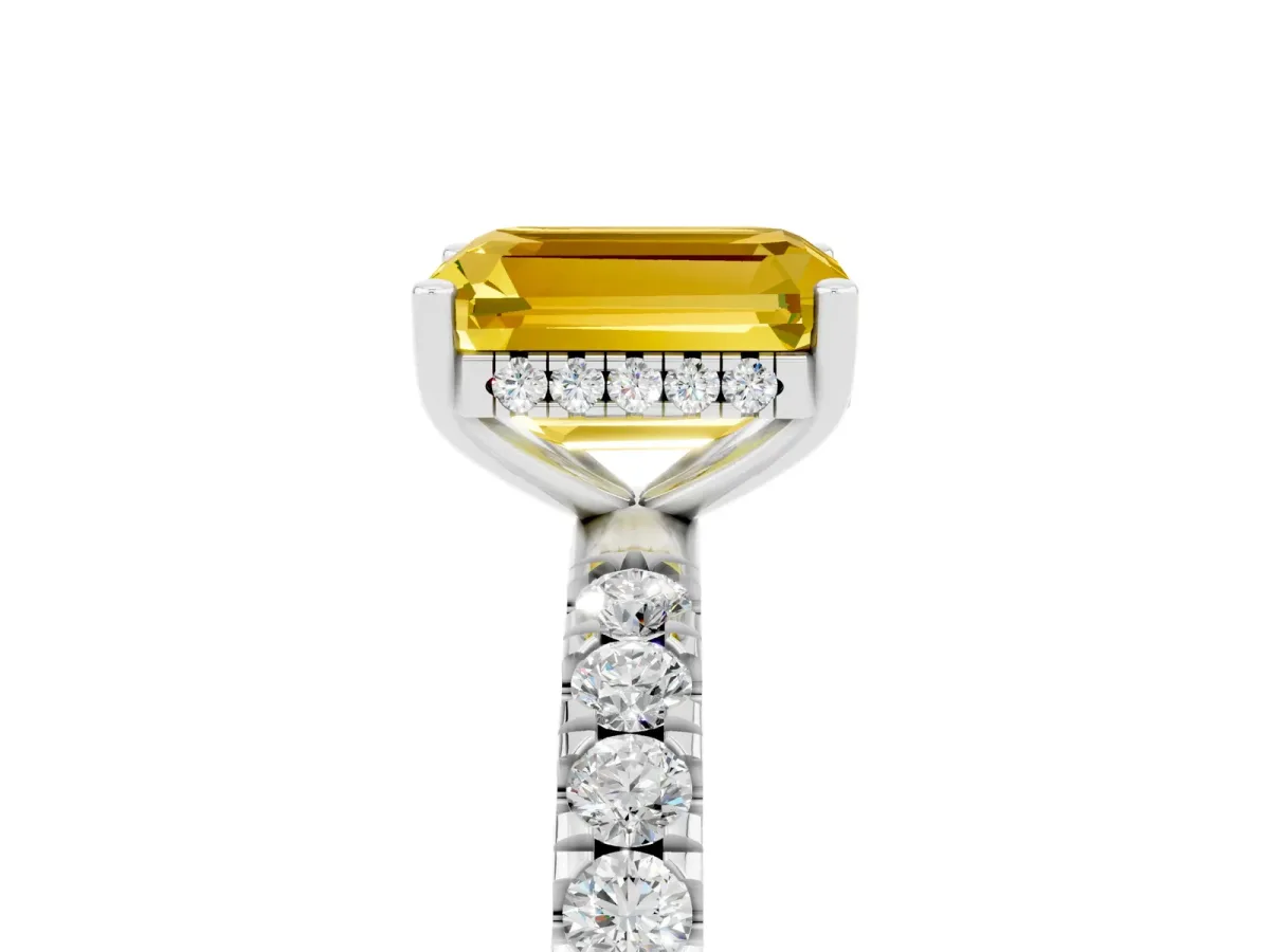 Emerald Cut Yellow Sapphire Pave Band Solitaire Ring with Round and Prong Setting Platinum