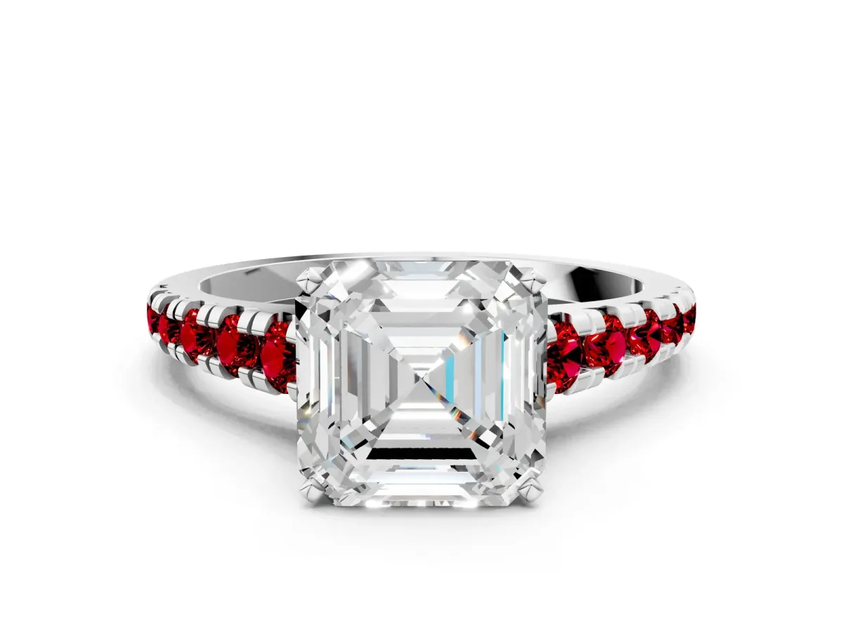 Asscher Cut Diamond Cathedral Solitaire Ring with Round Ruby Pavé Band White gold