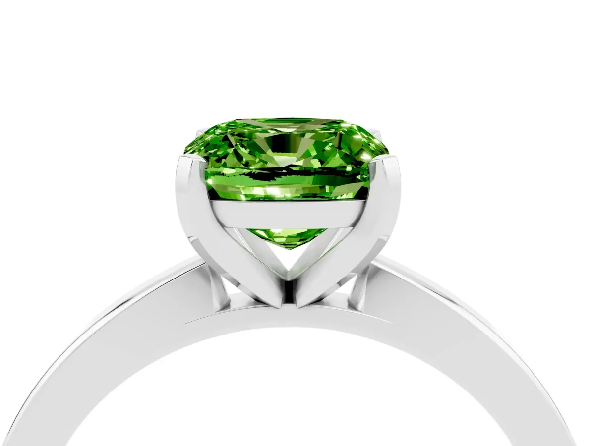 Cushion Cut Peridot Solitaire Engagement Ring with Classic Band and Four-Prong Setting Platinum
