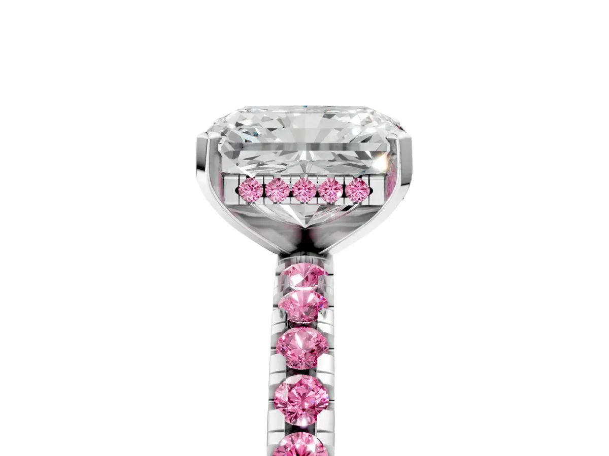 Radiant Cut Diamond Solitaire Ring with Round Pink Sapphire Pavé Band and Four-Prong Setting Silver