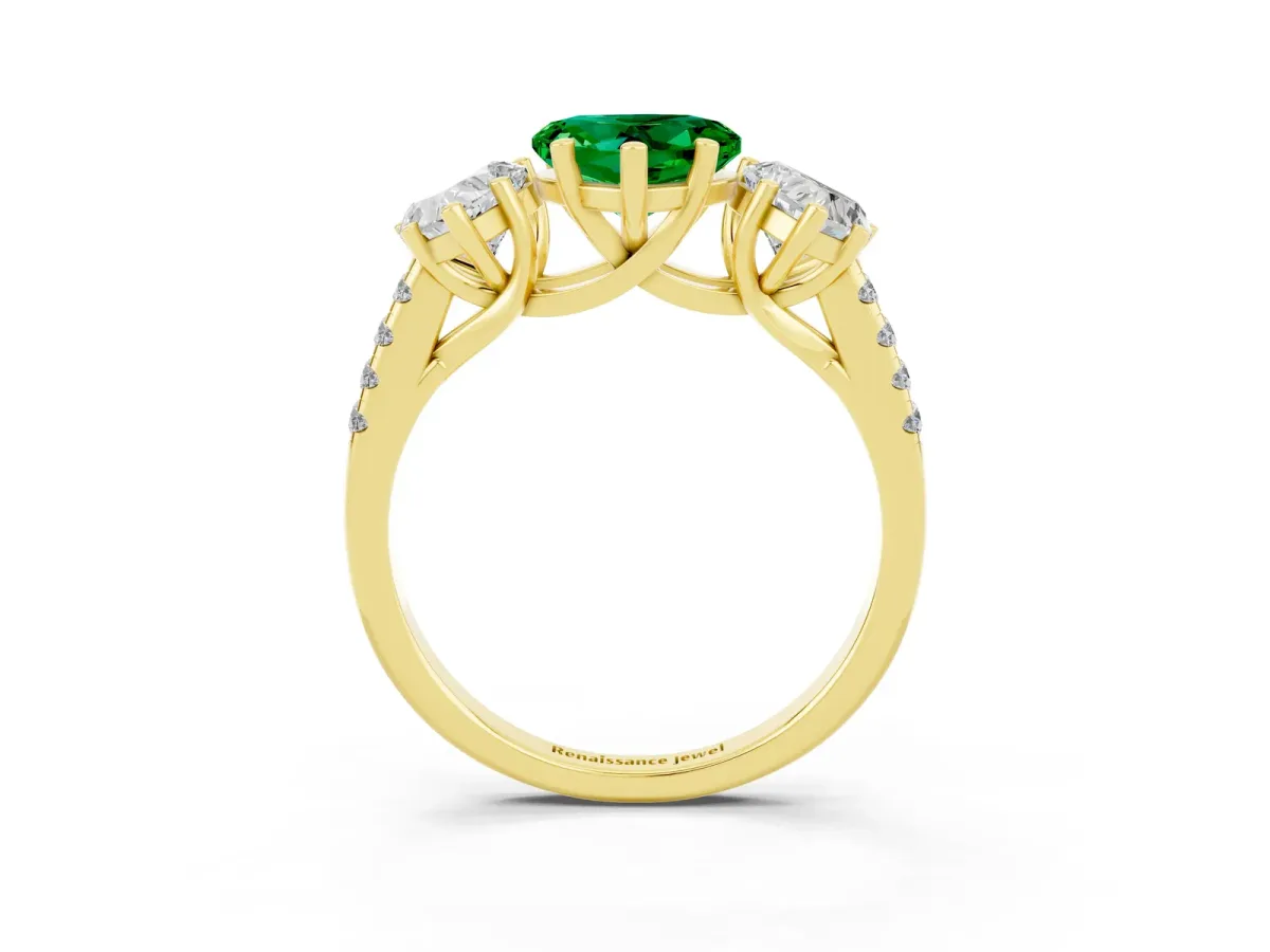 Three-Stone Heart Cut Emerald Ring with Round Pavé Band and Prong Setting Yellow gold