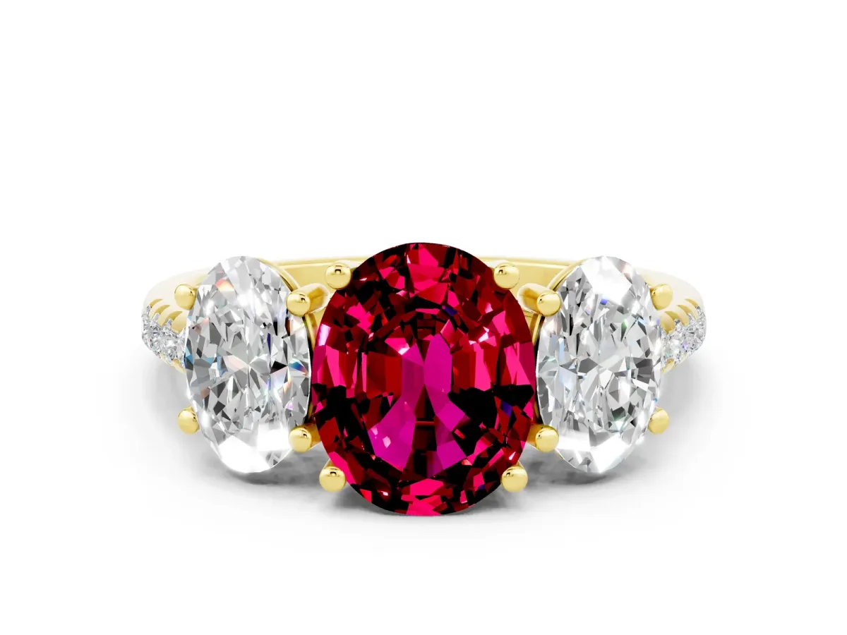 Three-Stone Oval Cut Garnet Ring with Round Pavé Band and Prong Setting Yellow gold