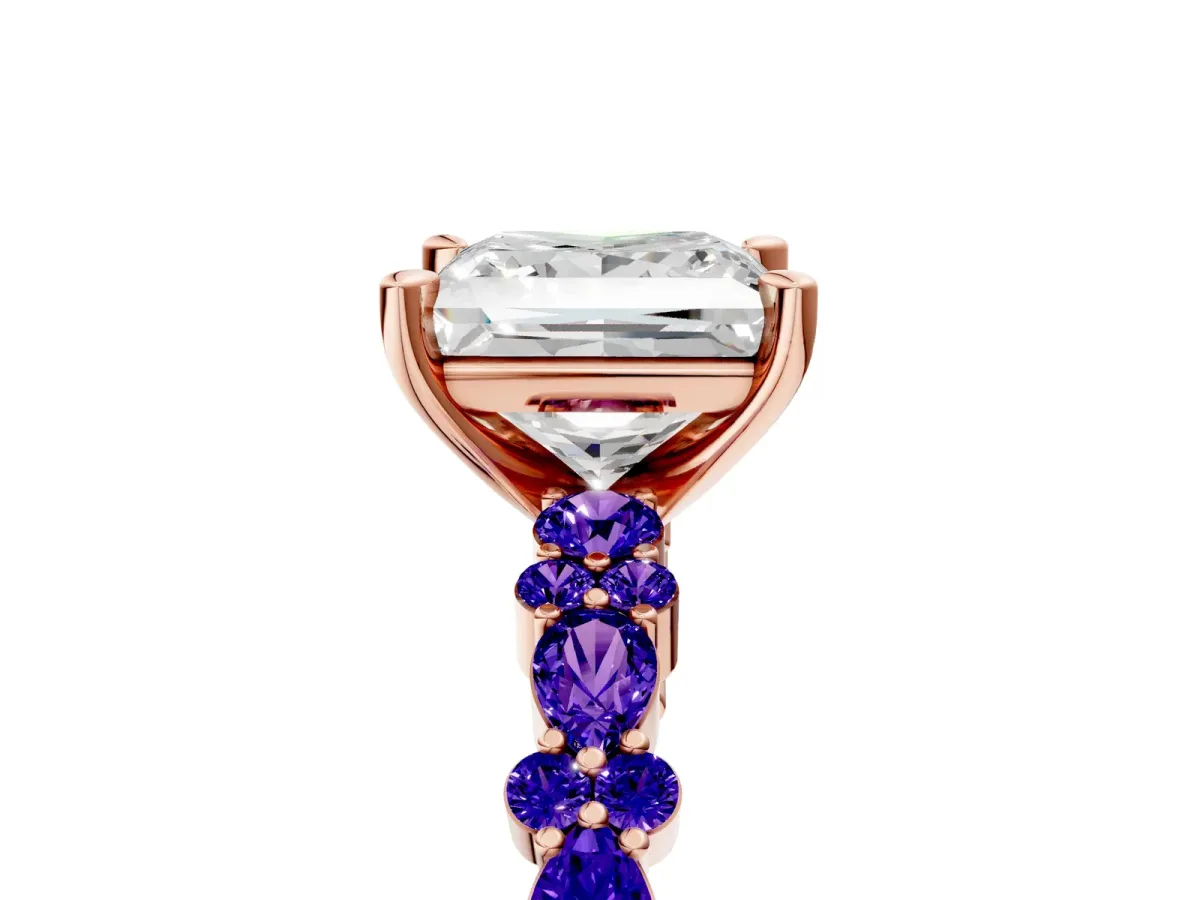 Princess Cut Diamond Side Stone Solitaire Ring with Round Tanzanite and Four-Prong Setting Rose gold