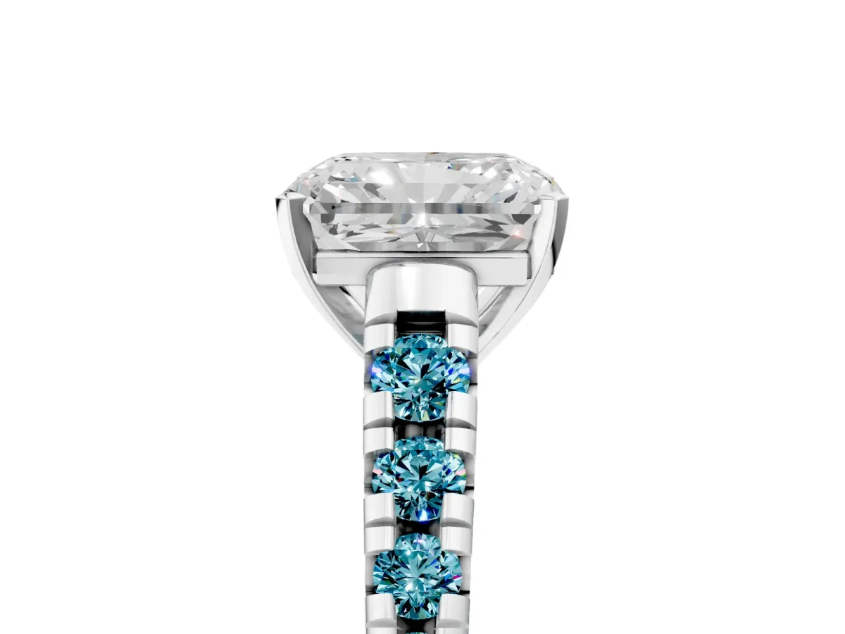 Radiant Cut Diamond Cathedral Solitaire Ring with Round Blue Topaz Pavé Band Silver