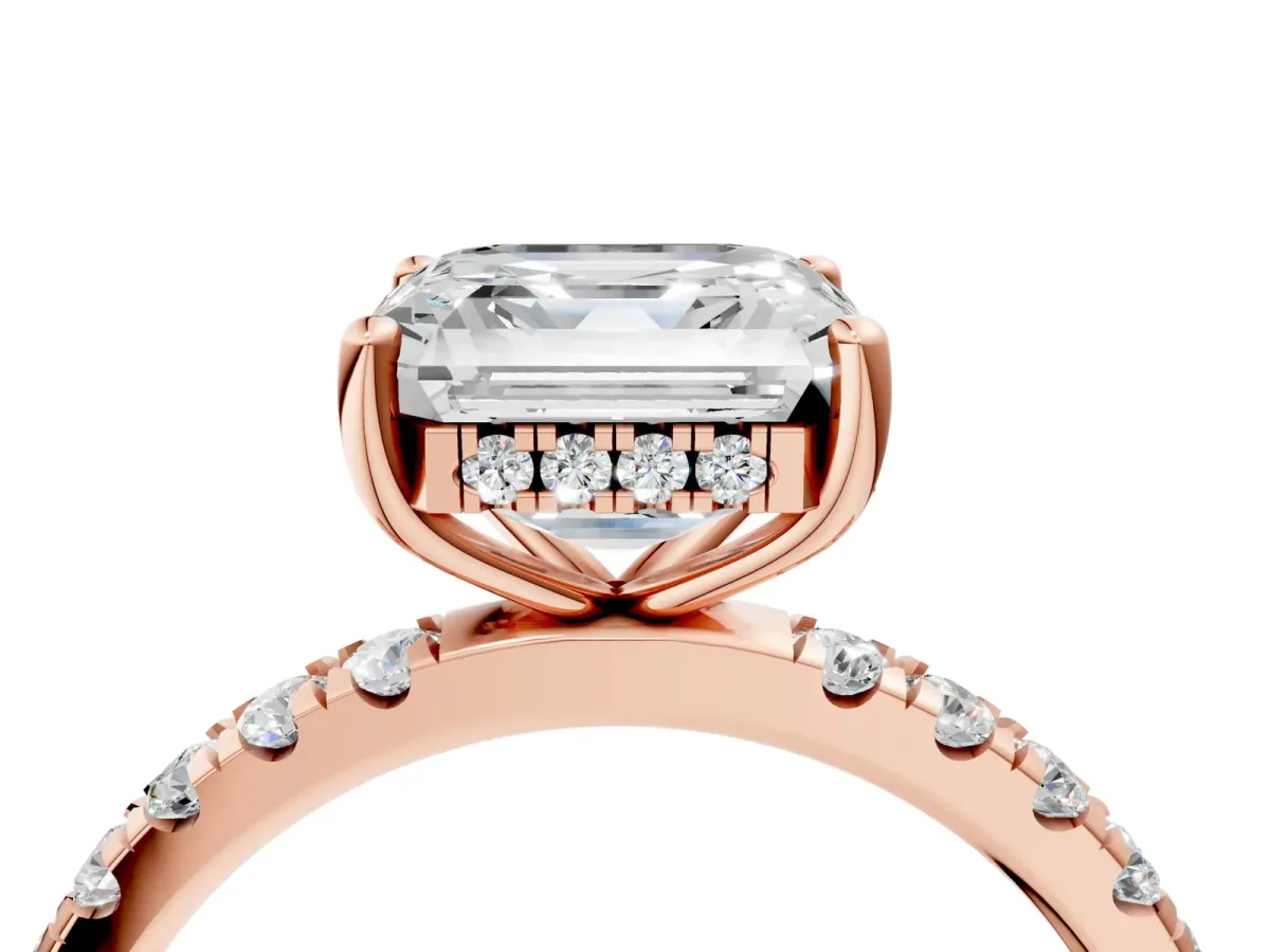 Asscher Cut Diamond Pave Band Solitaire Ring with Round Moissanite and Prong Setting Rose gold