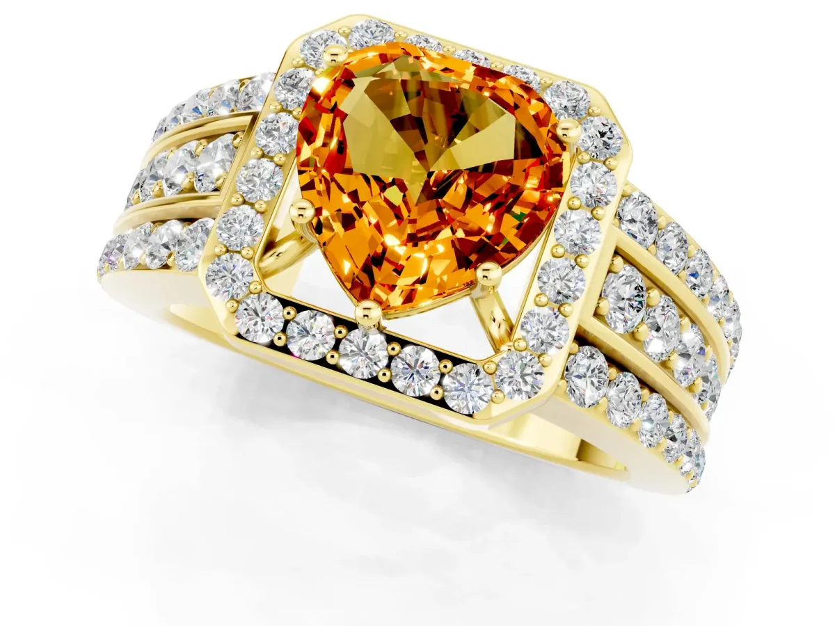 Heart Cut Halo Citrine Ring with Round Split Shank and Prong Setting Yellow gold