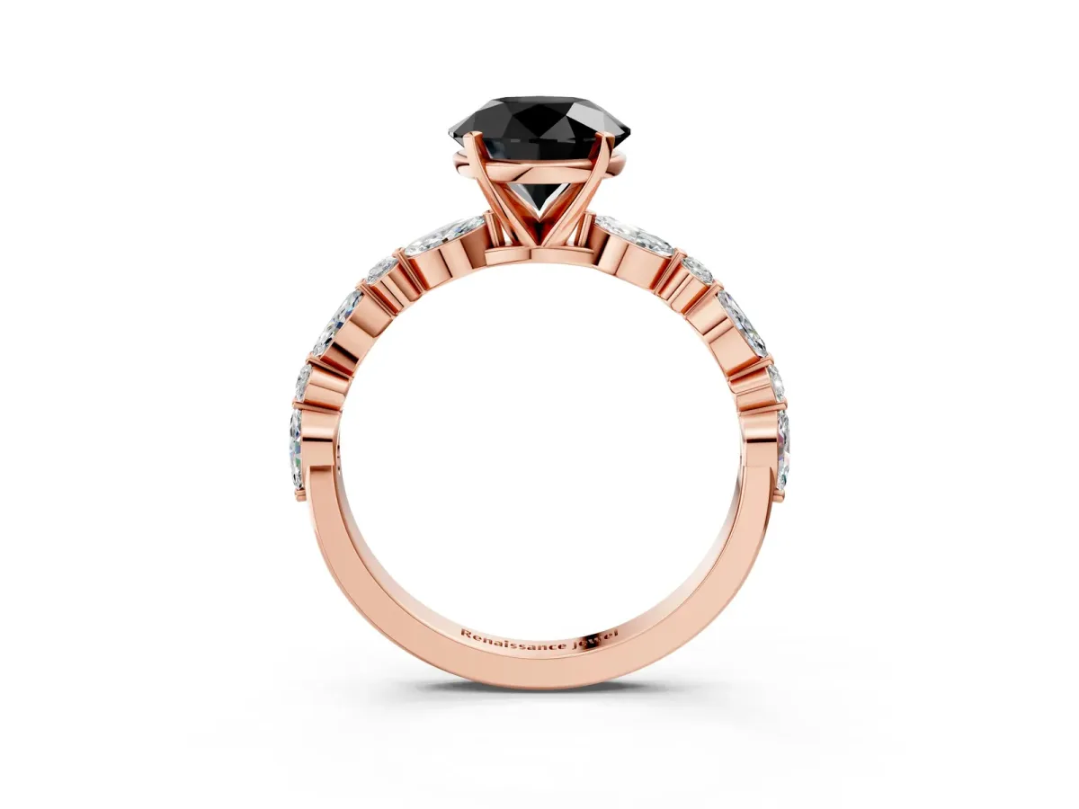 Fancy Black Round Cut Diamond Ring with Marquise and Round Side Stones and Four-Prong Setting Rose gold