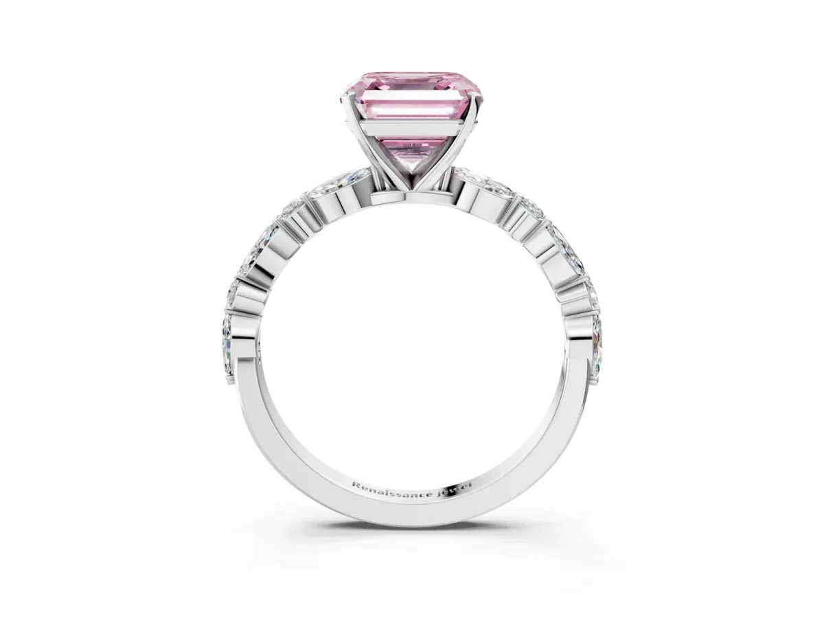 Fancy Pink Asscher Cut Diamond Ring with Marquise and Round Side Stones and Four-Prong Setting Platinum