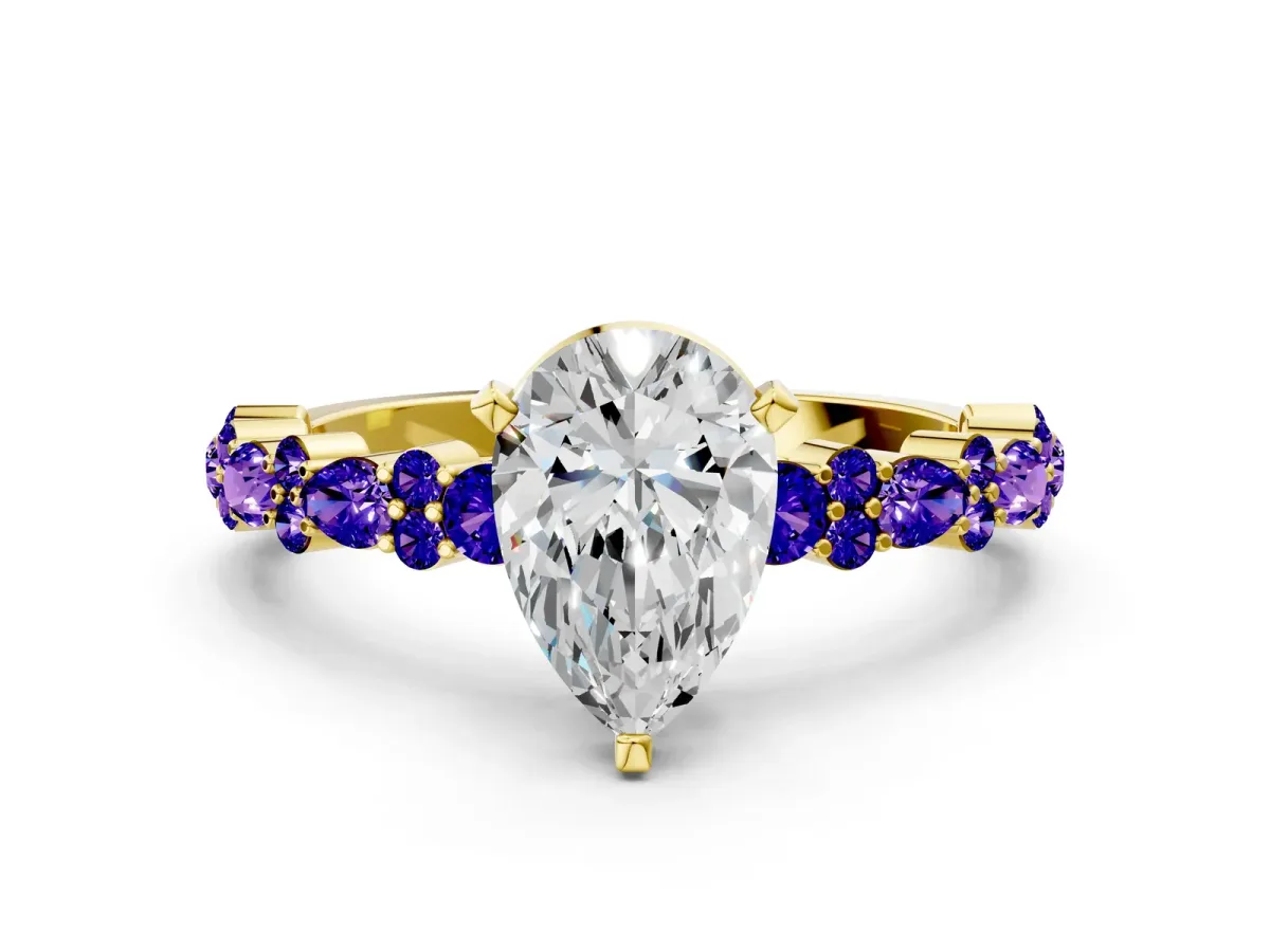 Pear Cut Diamond Side Stone Solitaire Ring with Round Tanzanite and Four-Prong Setting Yellow gold