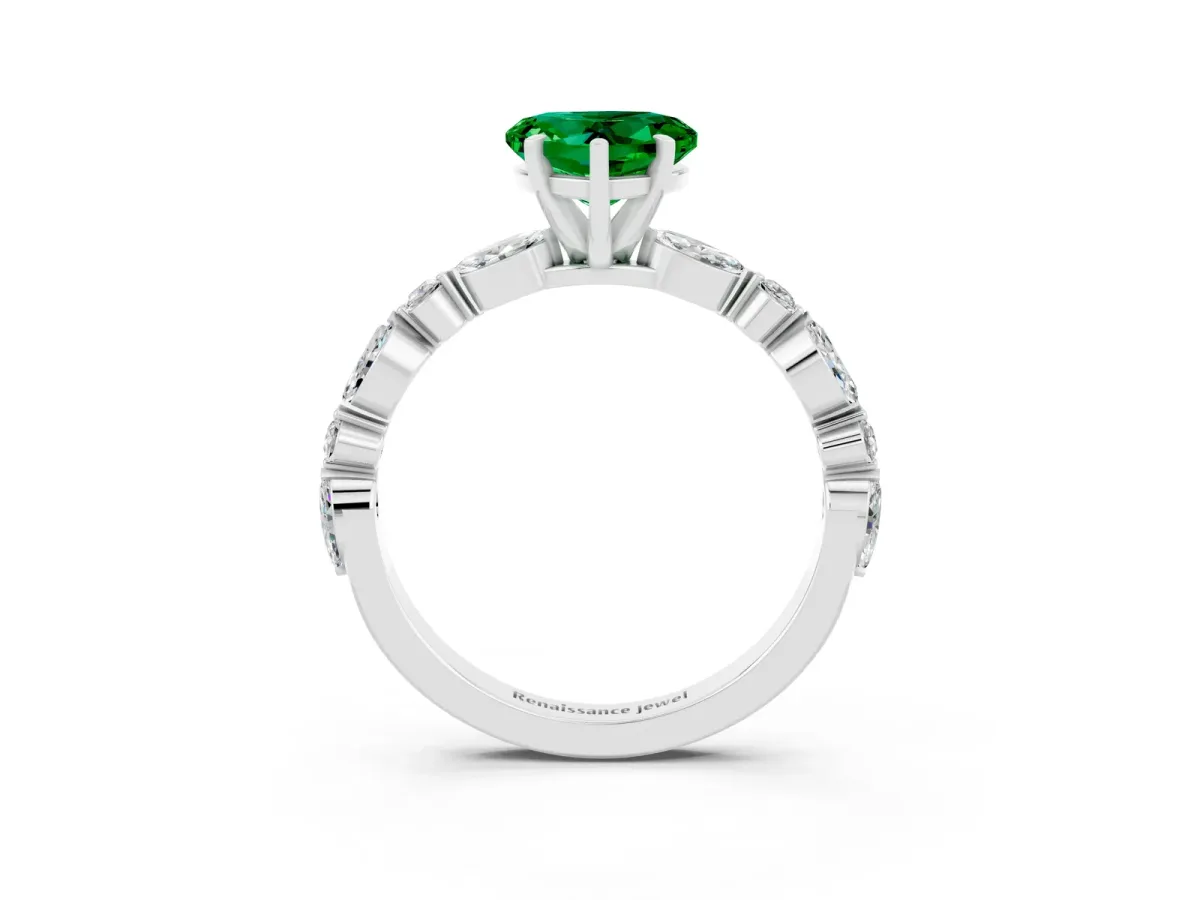 Heart Cut Emerald Ring with Marquise and Round Side Stones and Four-Prong Setting Platinum