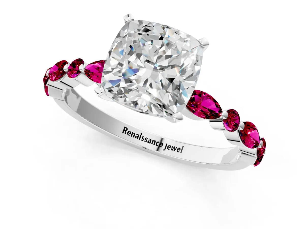 Cushion Cut Diamond Ring with Marquise and Round Garnet Side Stones and Four-Prong Setting Silver