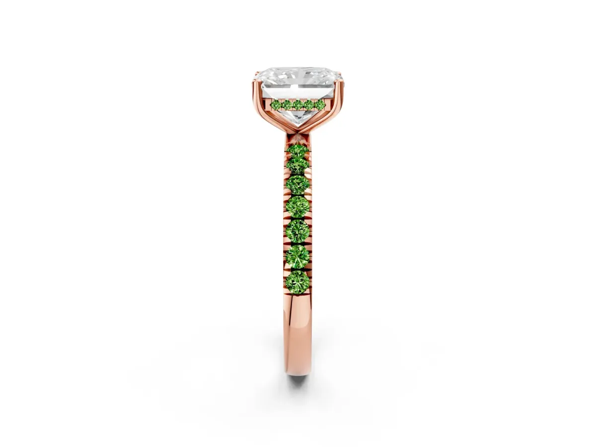 Radiant Cut Diamond Pave Band Solitaire Ring with Round Peridot and Prong Setting Rose gold