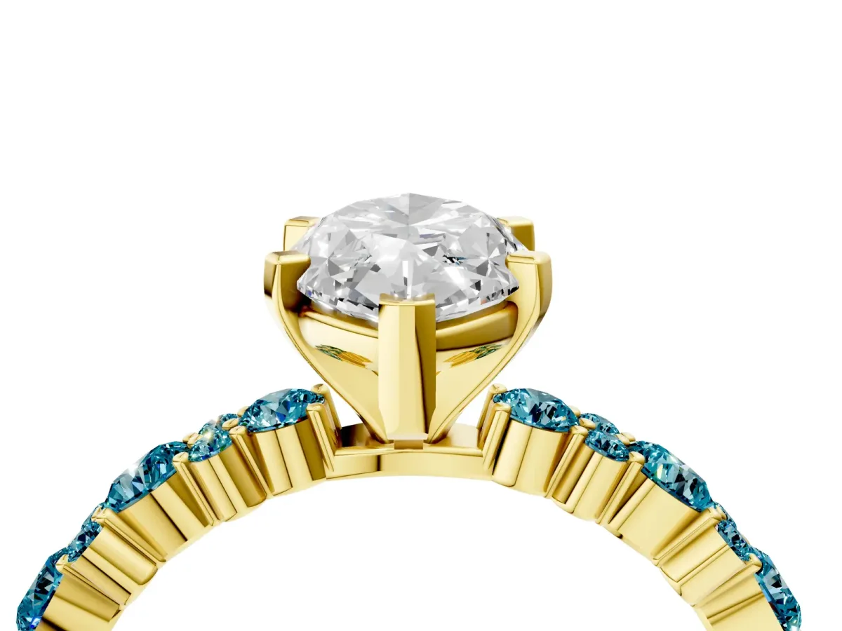 Marquise Cut Diamond Side Stone Solitaire Ring with Round Blue Topaz and Four-Prong Setting Yellow gold