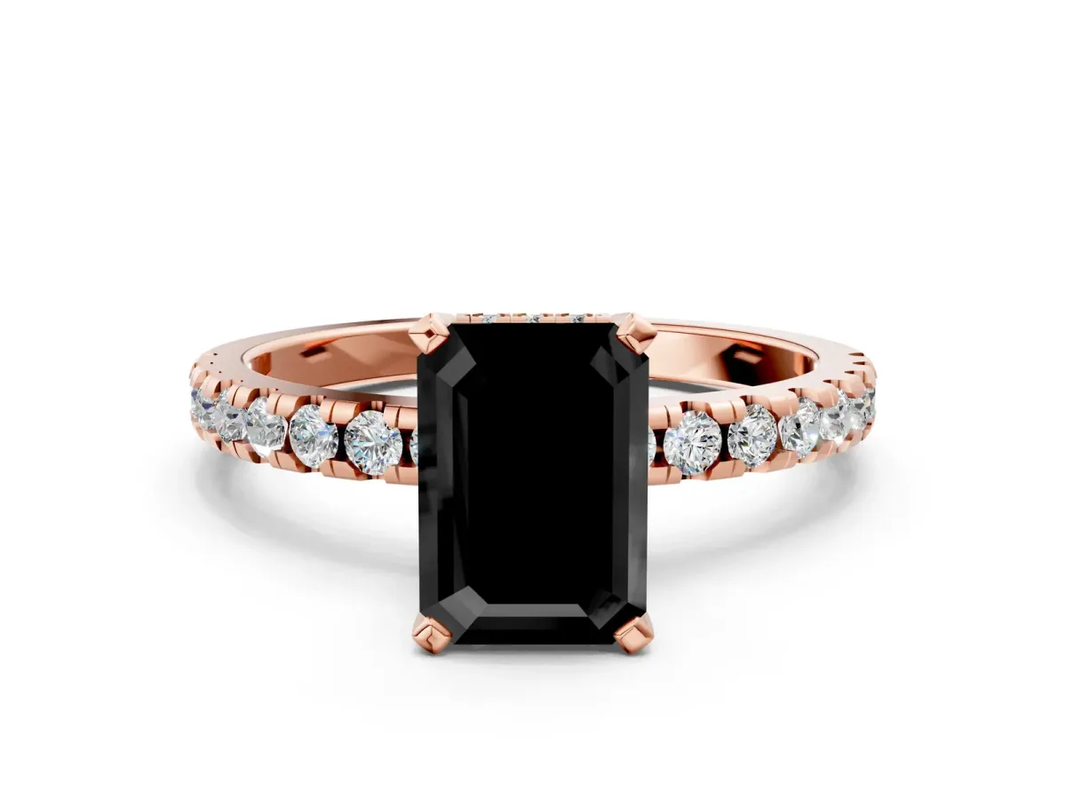 Fancy Black Emerald Cut Diamond Solitaire Ring with Round Pavé Band and Four-Prong Setting Rose gold