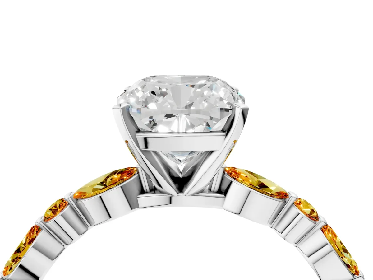 Cushion Cut Diamond Ring with Marquise and Round Citrine Side Stones and Four-Prong Setting Platinum