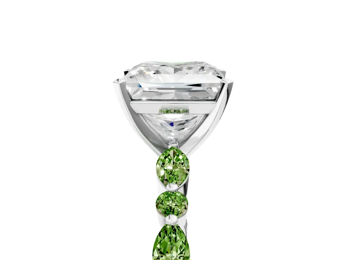 Princess Cut Diamond Ring with Marquise and Round Peridot Side Stones and Four-Prong Setting Silver