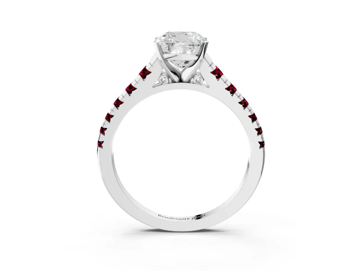Cushion Cut Diamond Cathedral Solitaire Ring with Round Garnet Pavé Band Platinum
