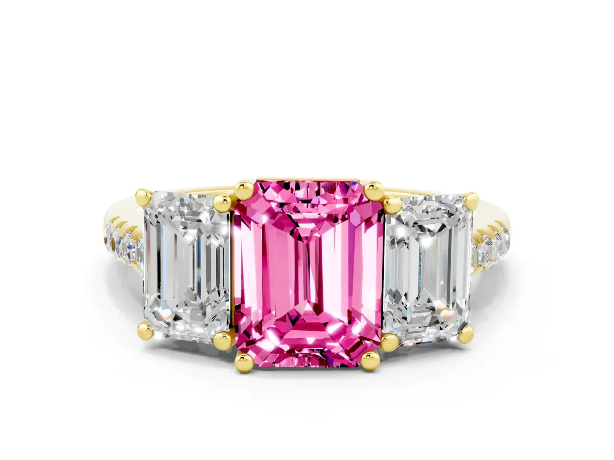 Three-Stone Emerald Cut Pink Sapphire Ring with Round Pavé Band and Prong Setting Yellow gold