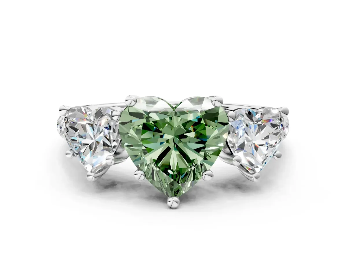 Fancy Green Three-Stone Heart Cut Diamond Ring with Round Pavé Band and Prong Setting Platinum