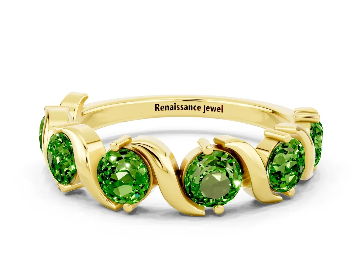 Round Peridot Half Eternity Band with Wave Prong Setting Yellow gold