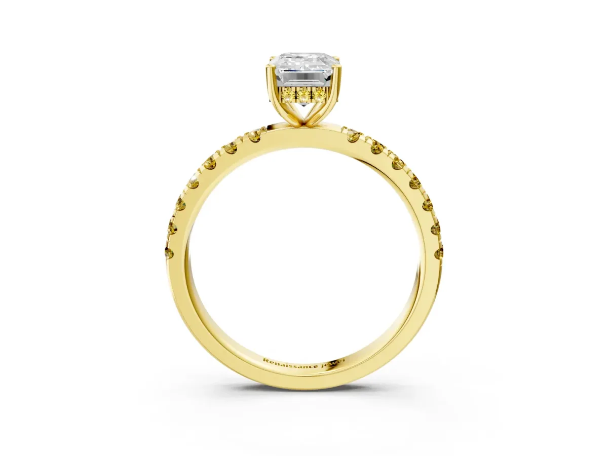 Emerald Cut Diamond Pave Band Solitaire Ring with Round Yellow Sapphire and Prong Setting Yellow gold
