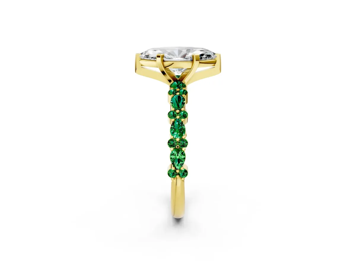 Marquise Cut Diamond Side Stone Solitaire Ring with Round Emerald and Four-Prong Setting Yellow gold