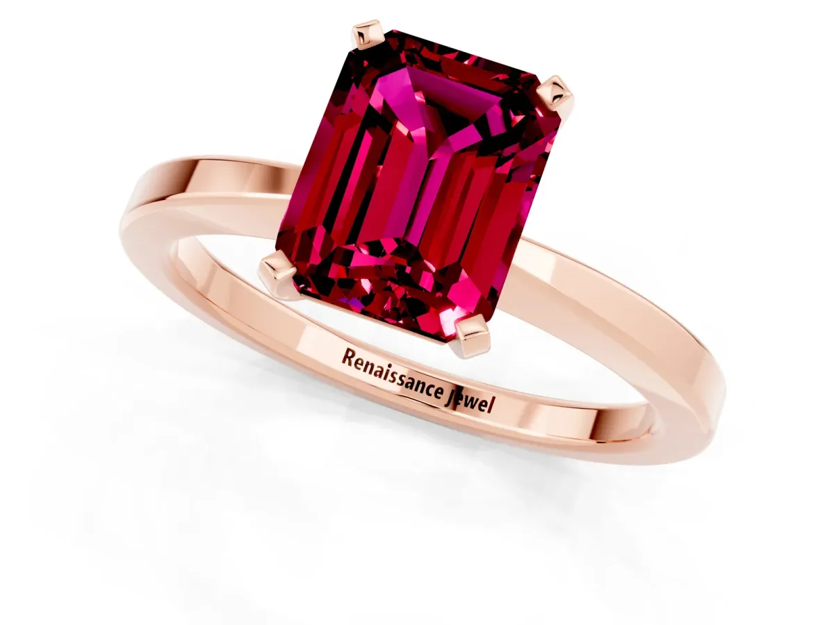 Emerald Cut Garnet Solitaire Engagement Ring with Classic Band and Four-Prong Setting Rose gold