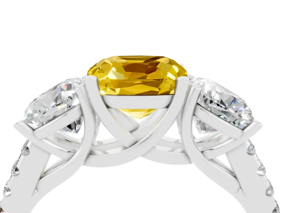 Three-Stone Cushion Cut Yellow Sapphire Ring with Round Pavé Band and Prong Setting Platinum