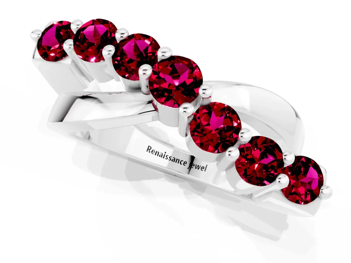 Round Garnet Prong-Set Crossover Band Silver