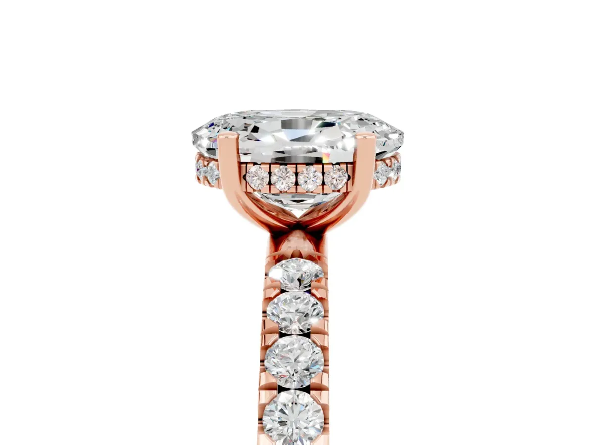 Oval Cut Moissanite Pave Band Solitaire Ring with Round and Prong Setting Rose gold