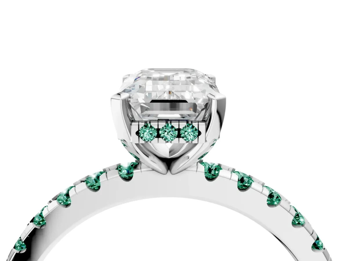 Emerald Cut Diamond Solitaire Ring with Round Green Sapphire Pavé Band and Four-Prong Setting Silver