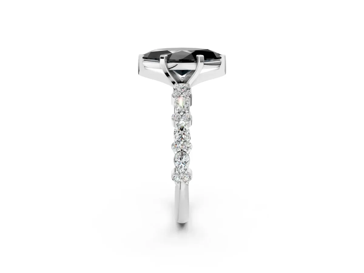 Fancy Black Marquise Cut Diamond Side Stone Solitaire Ring with Round and Four-Prong Setting White gold