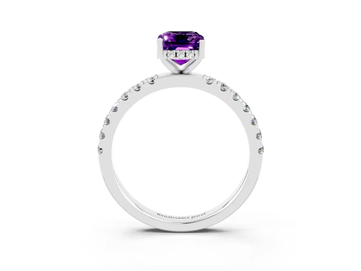 Emerald Cut Amethyst Pave Band Solitaire Ring with Round and Prong Setting Platinum
