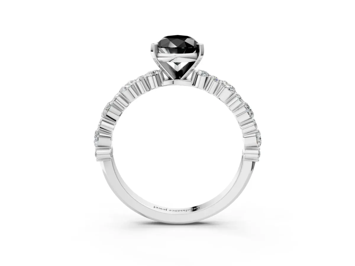 Fancy Black Pear Cut Diamond Side Stone Solitaire Ring with Round and Four-Prong Setting Platinum