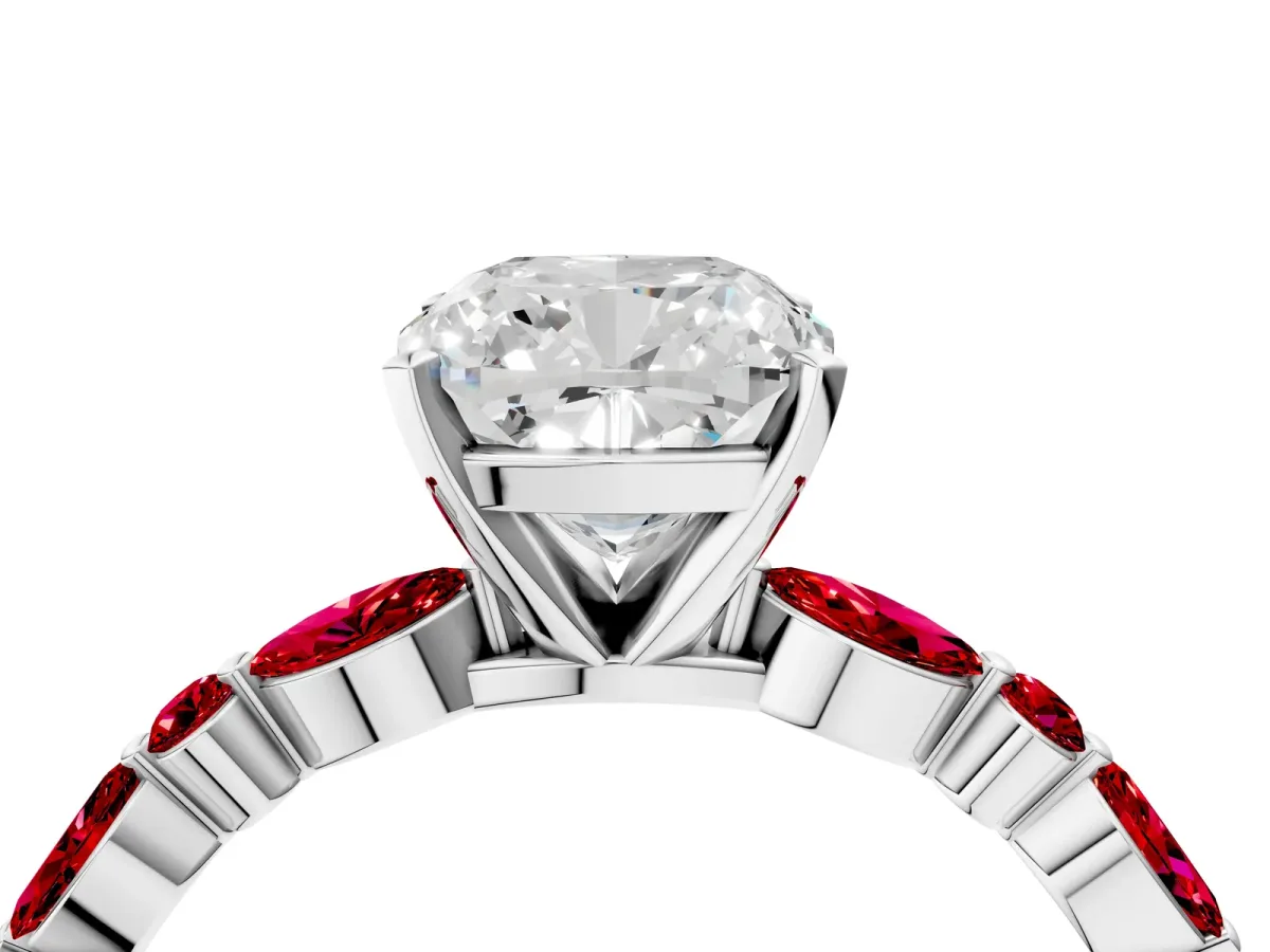 Cushion Cut Diamond Ring with Marquise and Round Ruby Side Stones and Four-Prong Setting Silver